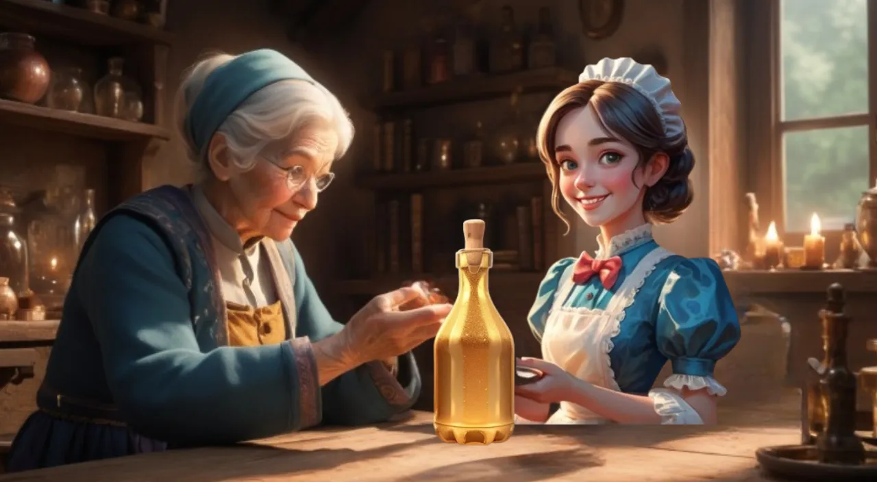 a painting of an old lady and young girl sitting at a table with a bottle of shiny magical potion