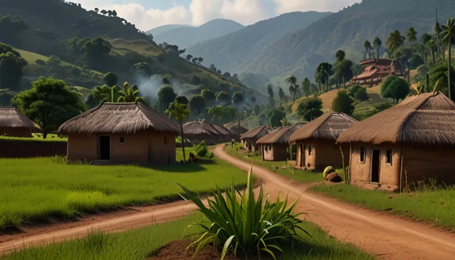 a dirt road in front of a row of huts