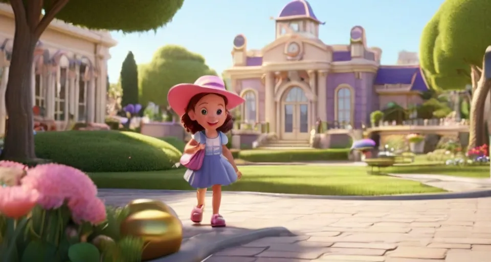 a little girl in a pink hat walking forward