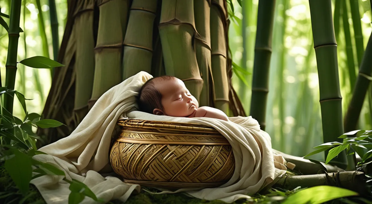 a baby wrapped in a blanket sleeping in a bamboo basket