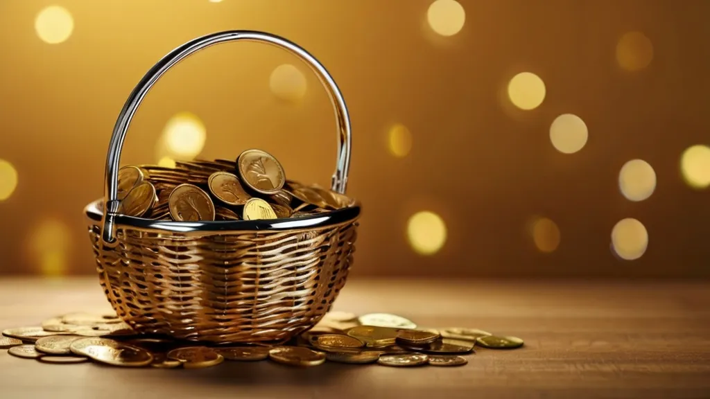 a basket full of coins sitting on top of a table