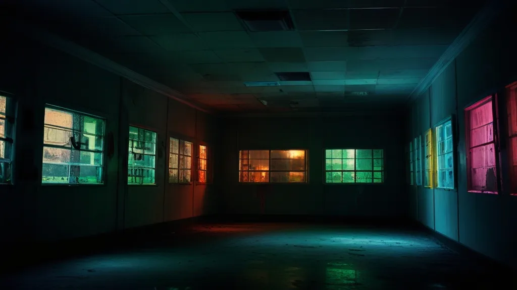 a dimly lit room with three windows and a person standing in the doorway