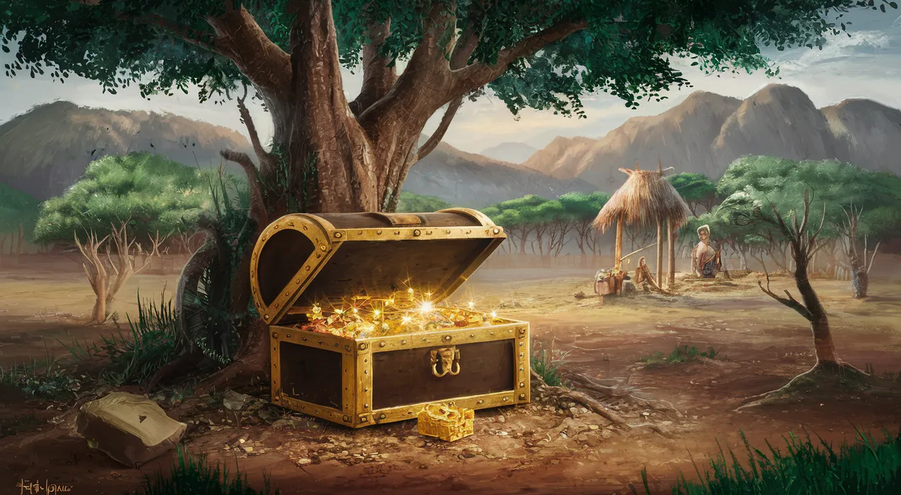 a painting of a trunk with gold coins in it