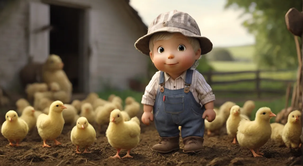 a little boy standing in the middle of a flock of chickens