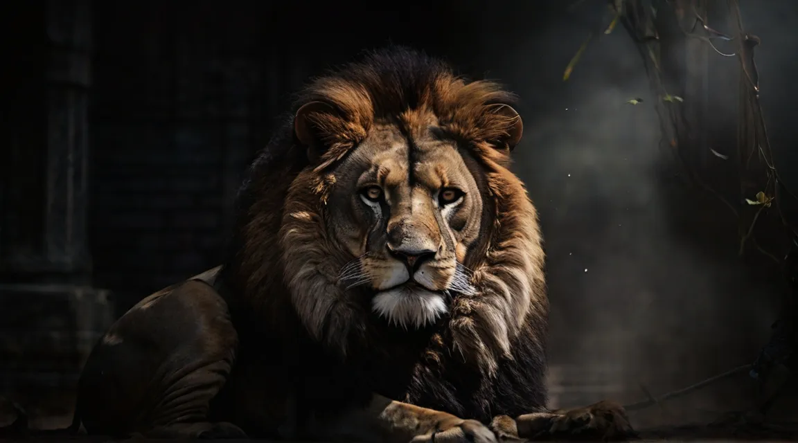 a large lion sitting on top of a lush green field