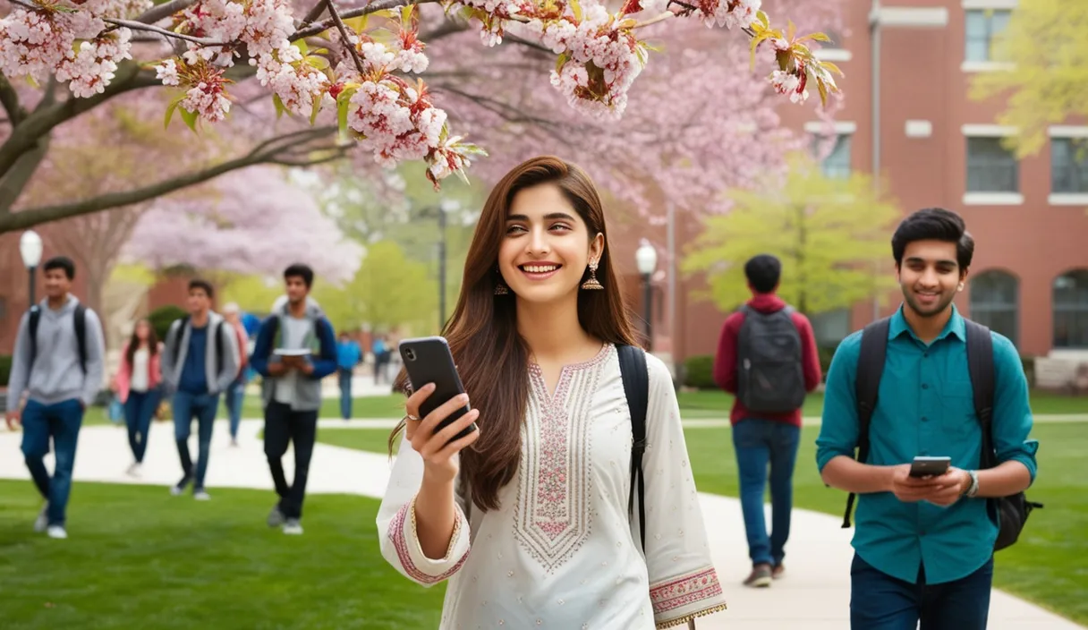 Campus Serenade: On a university campus, a Pakistani girl walking under a blossoming tree, a Bollywood song softly playing from her phone. The 4K wide shot captures students walking by and studying, but her smile and dreamy gaze reveal she is thinking about her boyfriend, who is attending a university in the United States, lost in her own romantic world.