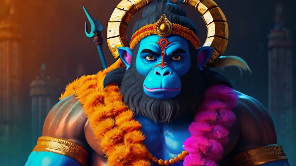 Create a god hanuman with a golden background, 8k, size of 1920x1080, colorful
