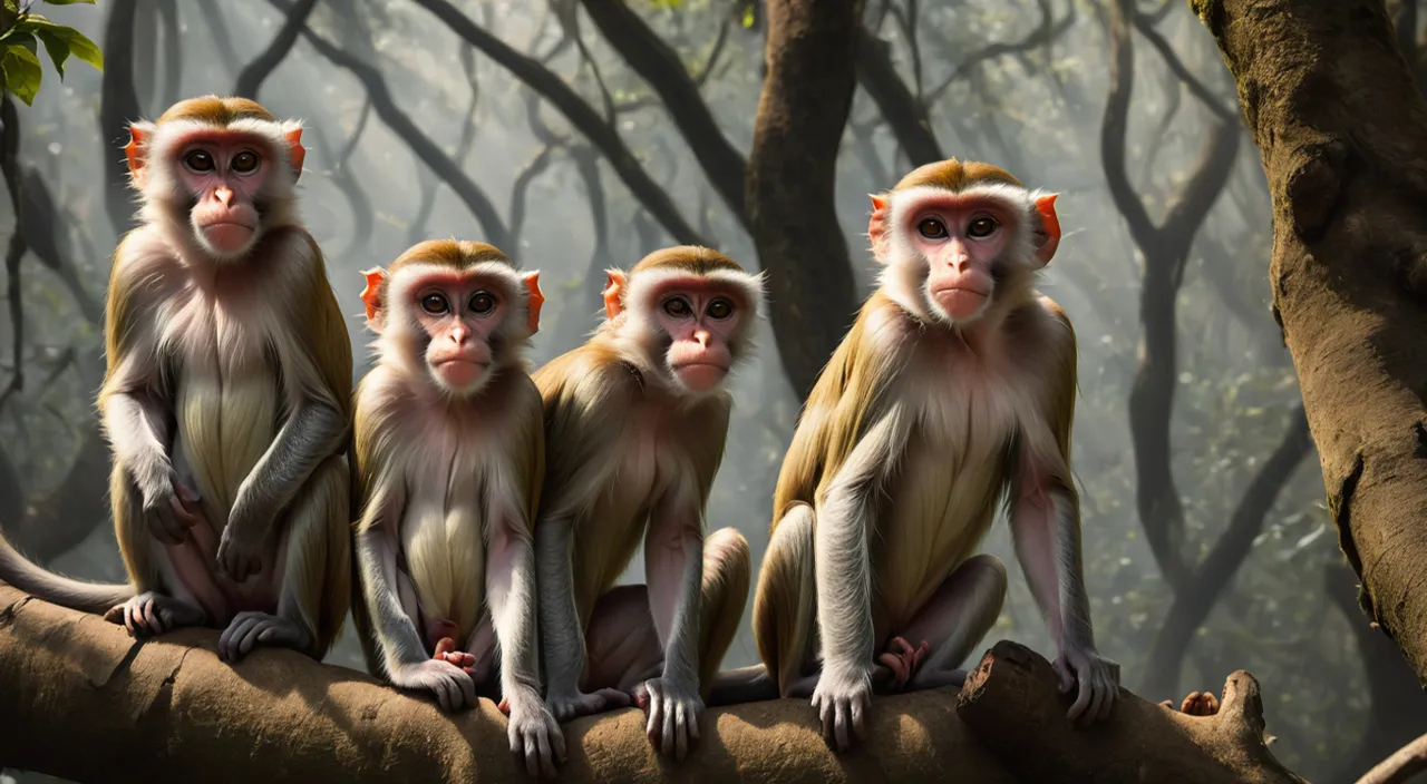 a group of monkeys sitting on top of a tree branch