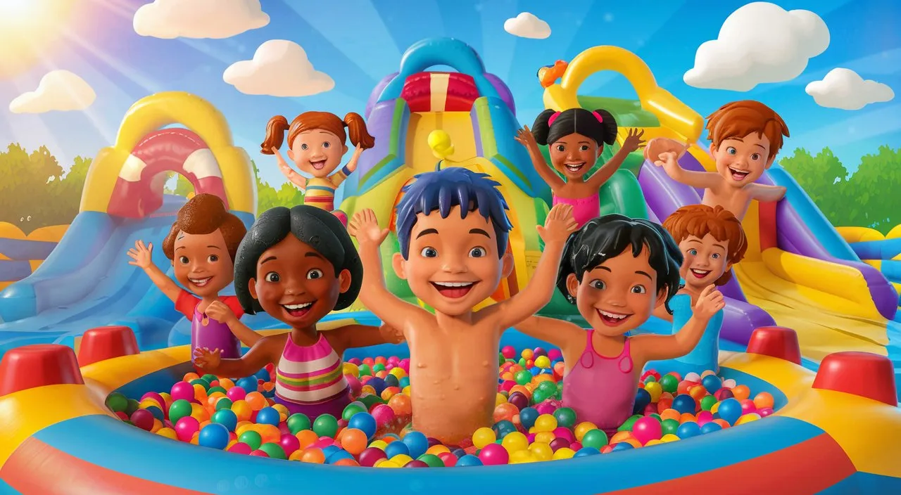 a group of kids playing in an inflatable pool