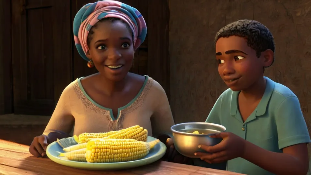 a boy and a girl sitting at a table with a bowl of corn, 3d animation