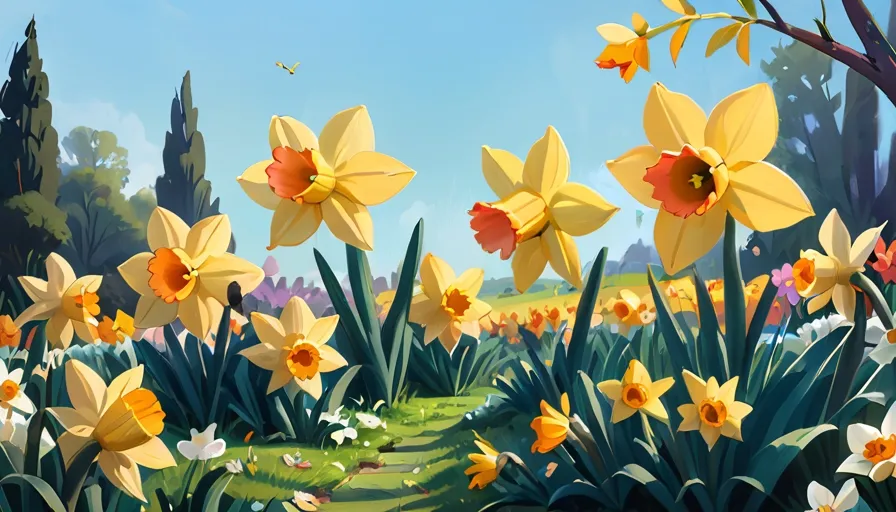 a painting of yellow daffodils in a garden