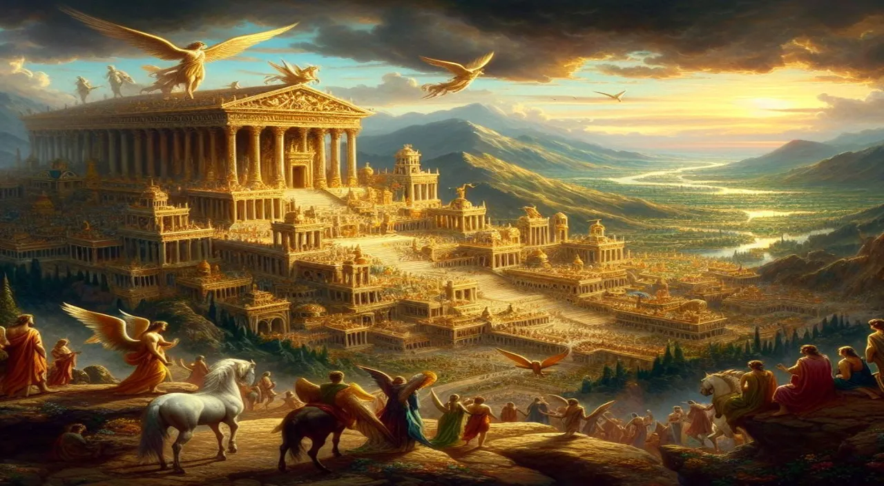 a painting of an ancient city with people and animals