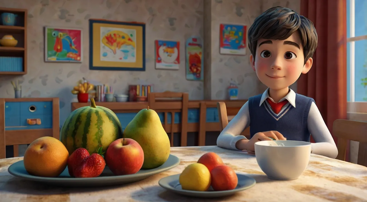 a boy sitting at a table with a bowl of fruit