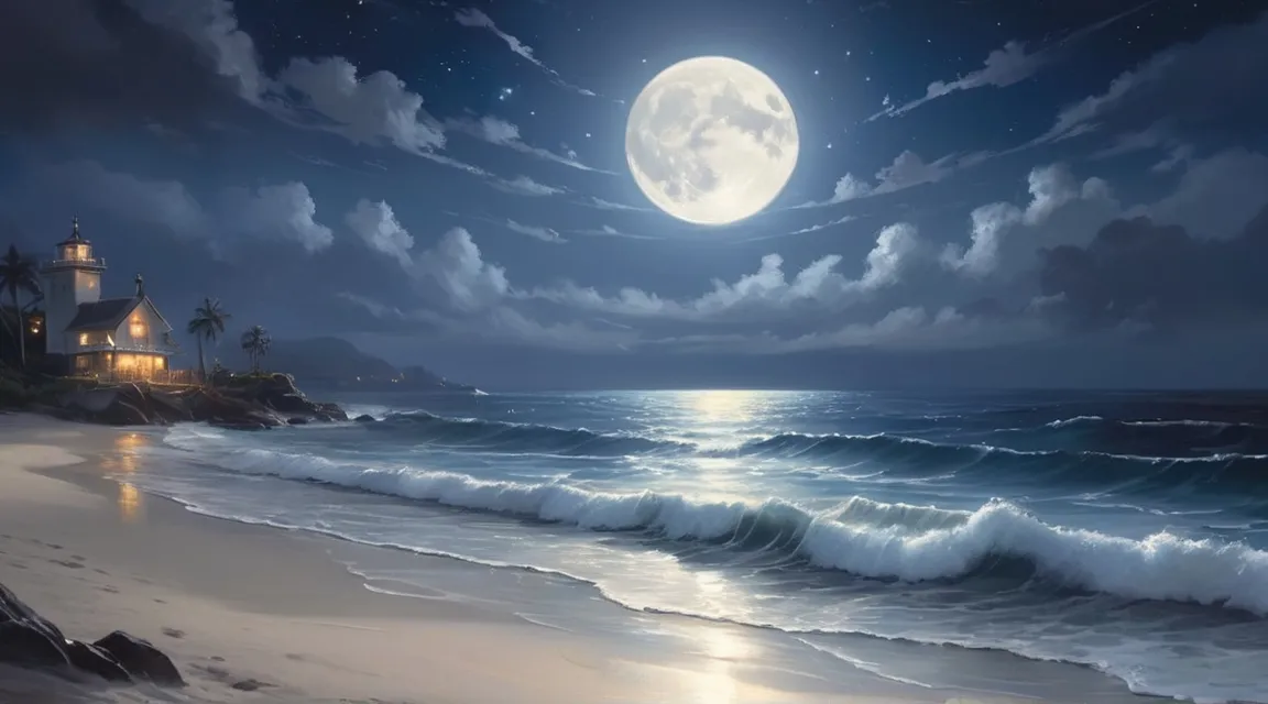 a painting of a full moon over the ocean