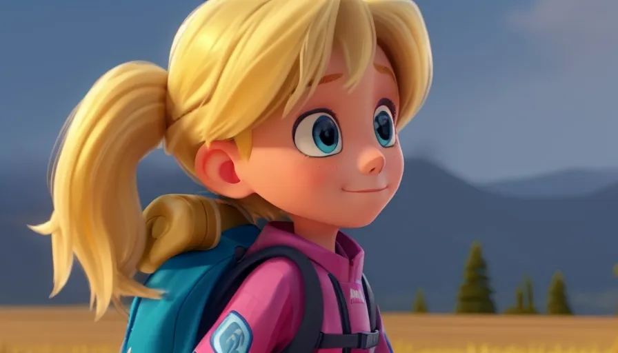 a cartoon girl with blonde hair, single pony tail and a blue backpack