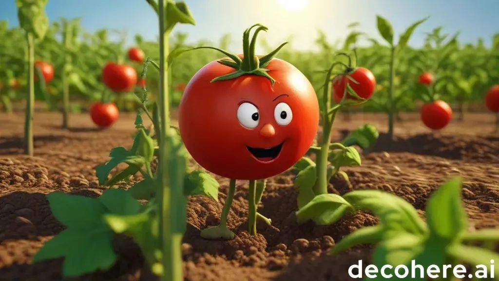 a tomato with a face standing in a field of tomatoes