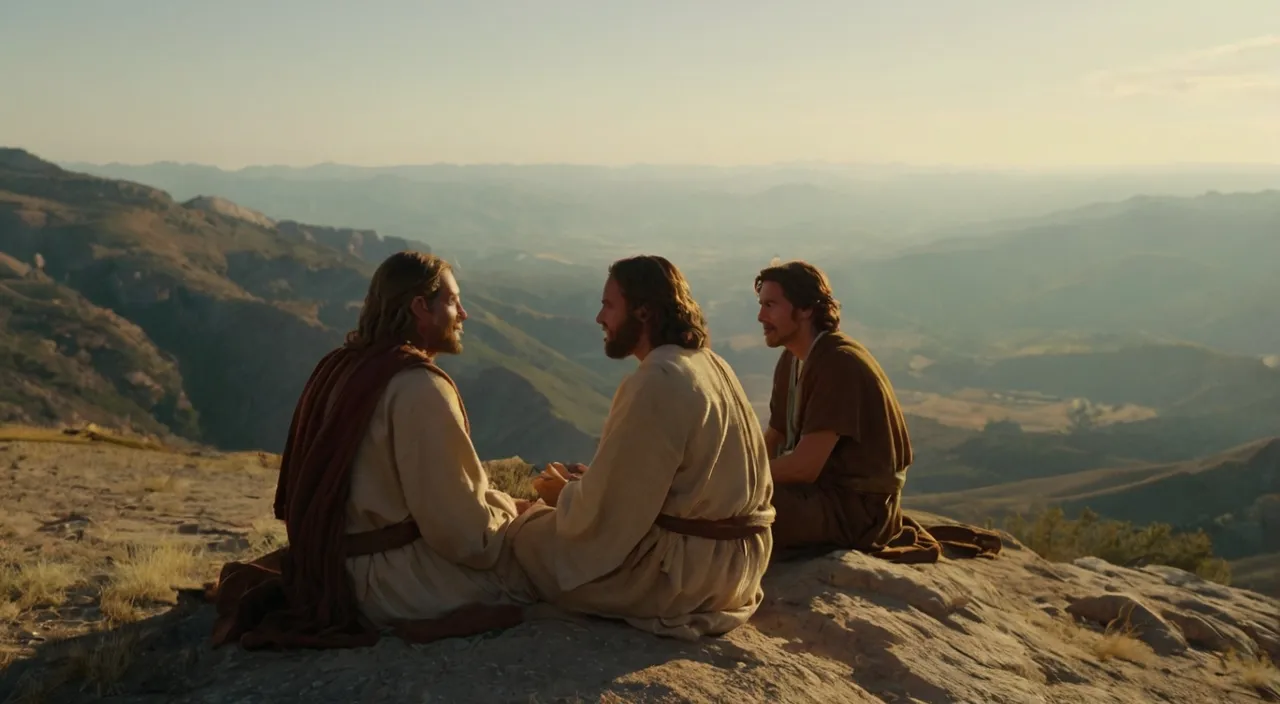 three men sitting on top of a mountain next to each other