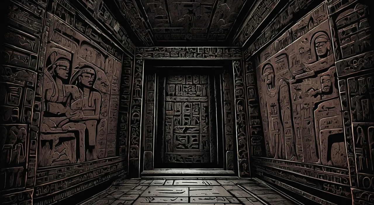 a dark room with carved walls and a door