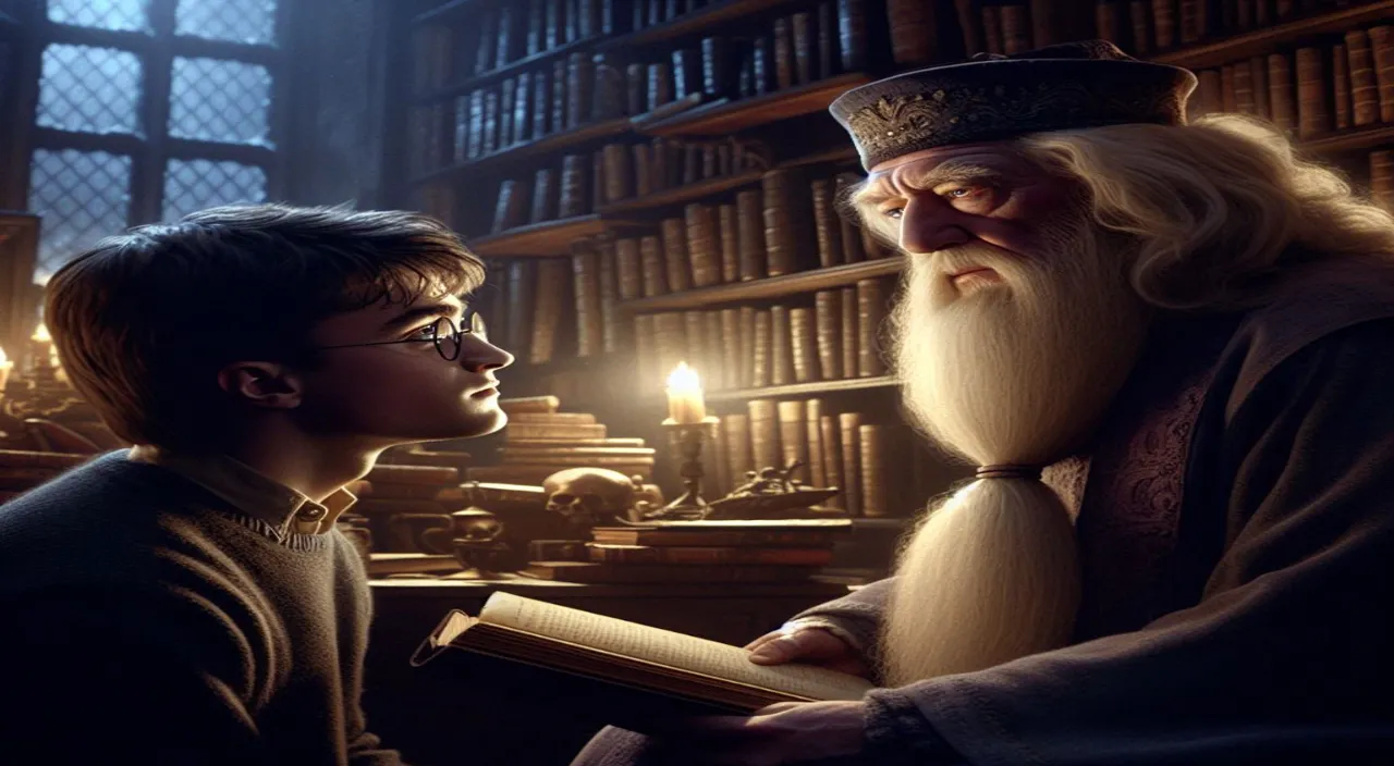 an image of an old man and a young boy in a library