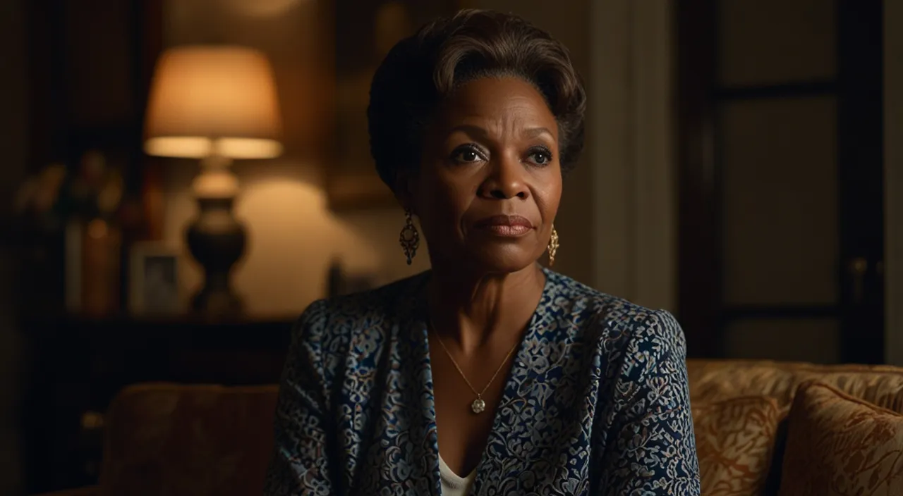 Auntie Bola in her 40s elegantly looking woman sits in a dimly lit room.
She looks thoughtful and reflective.
