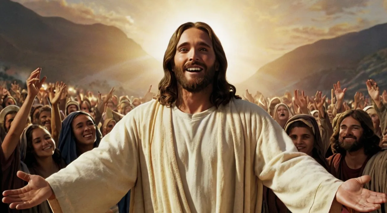 jesus standing in front of a crowd of people