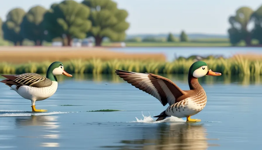 a couple of ducks standing on top of a lake