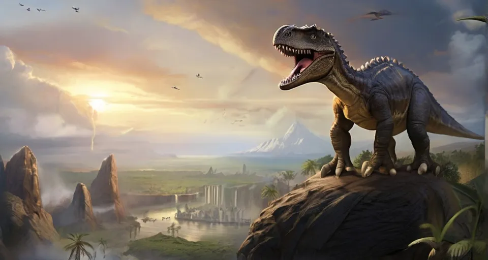 a dinosaur is standing on a rock in the middle of a landscape