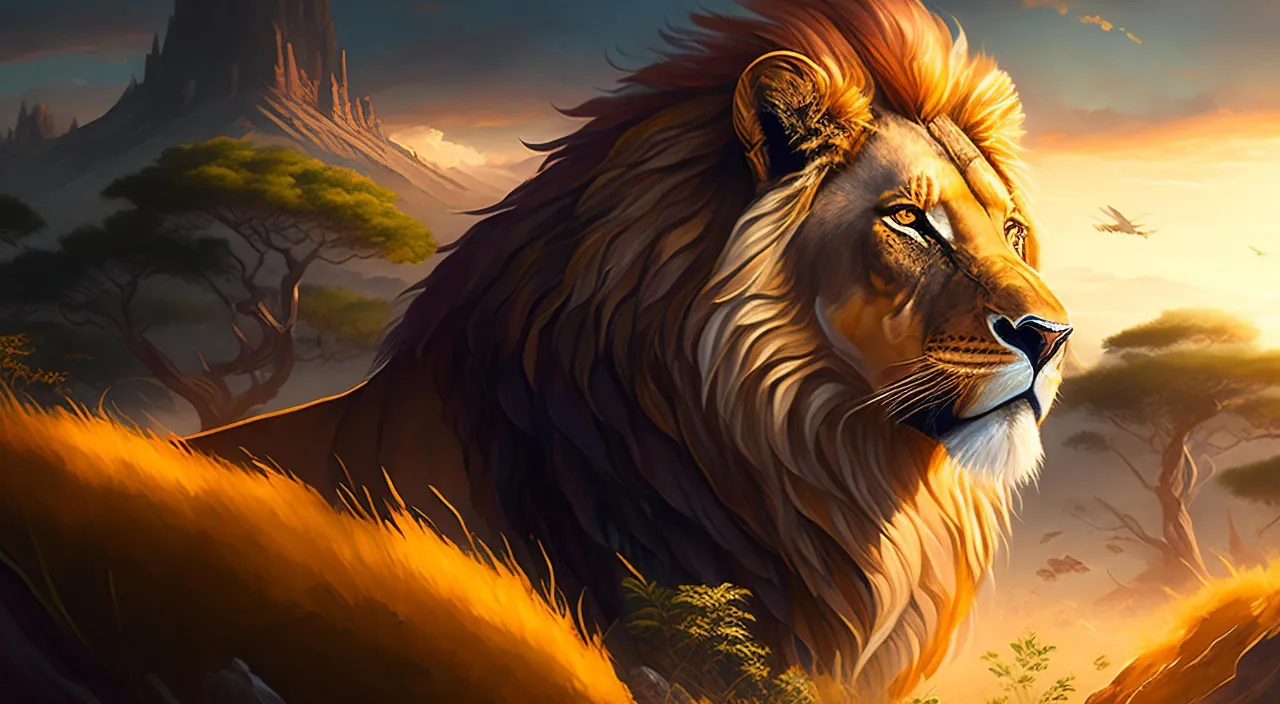 a painting of a lion in the wilderness