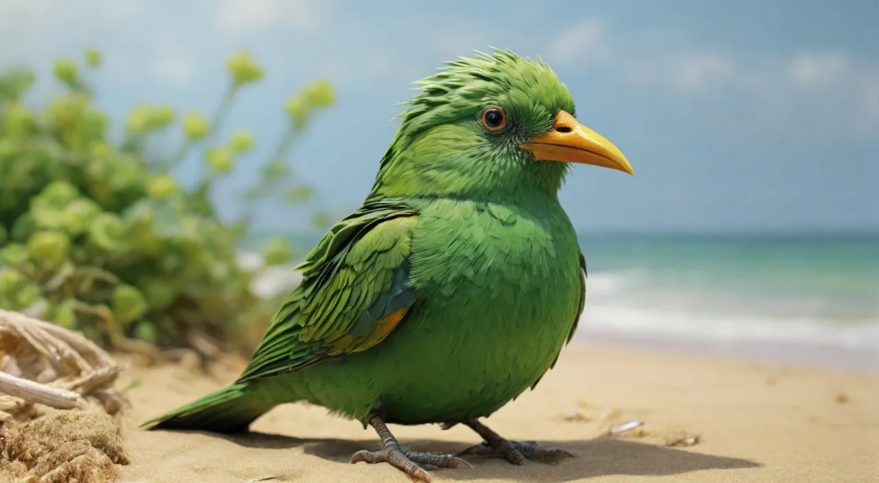 a green bird sitting on top of a sandy beach