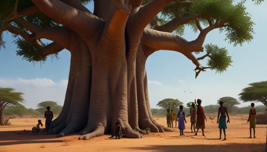 a group of people standing around a large tree