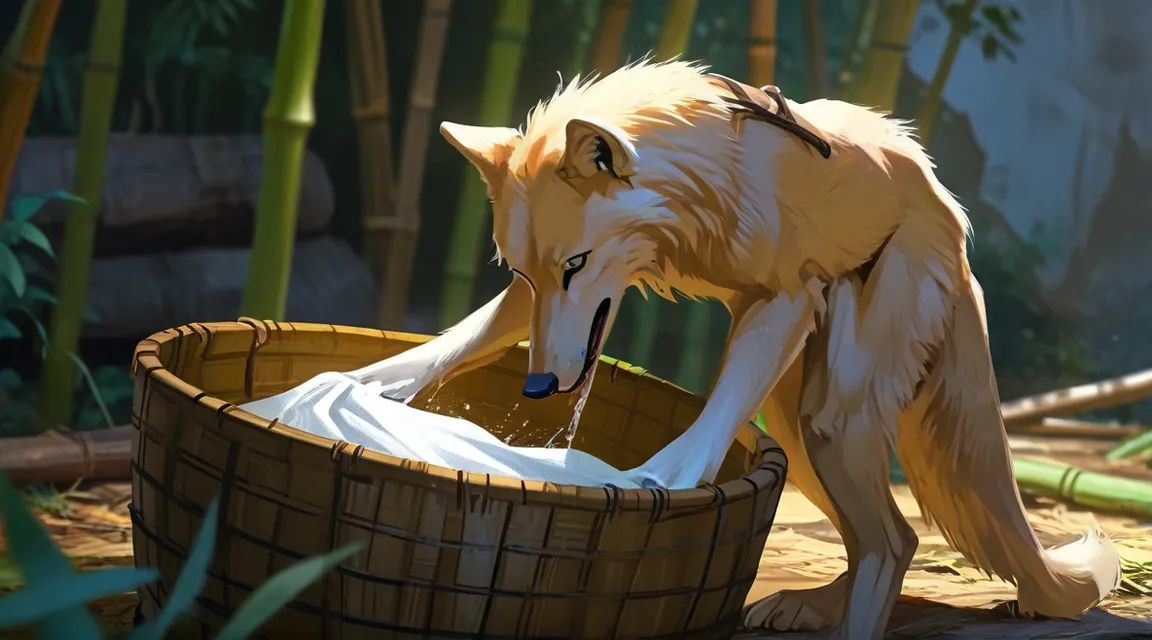 a painting of a wolf drinking water out of a basket