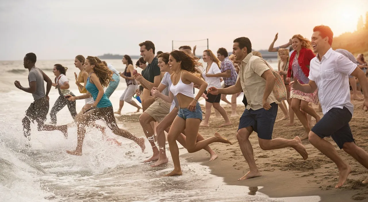 A slow-motion clip of everyone running along the shoreline, jumping, and splashing water, enjoying life.