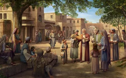 a painting of a group of people in a village