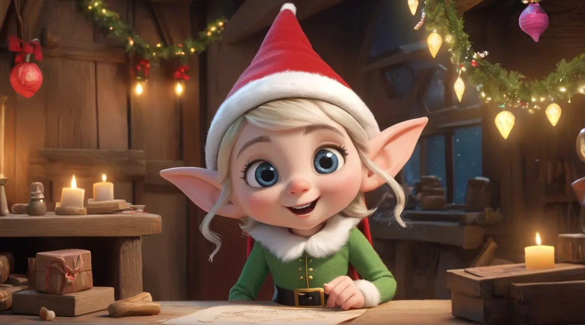 a cartoon elf is sitting at a table smiling