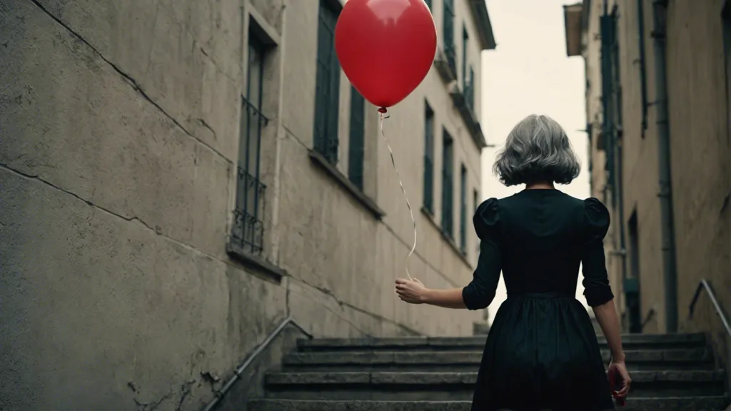 a woman in a black dress walking upstairs holding a red balloon