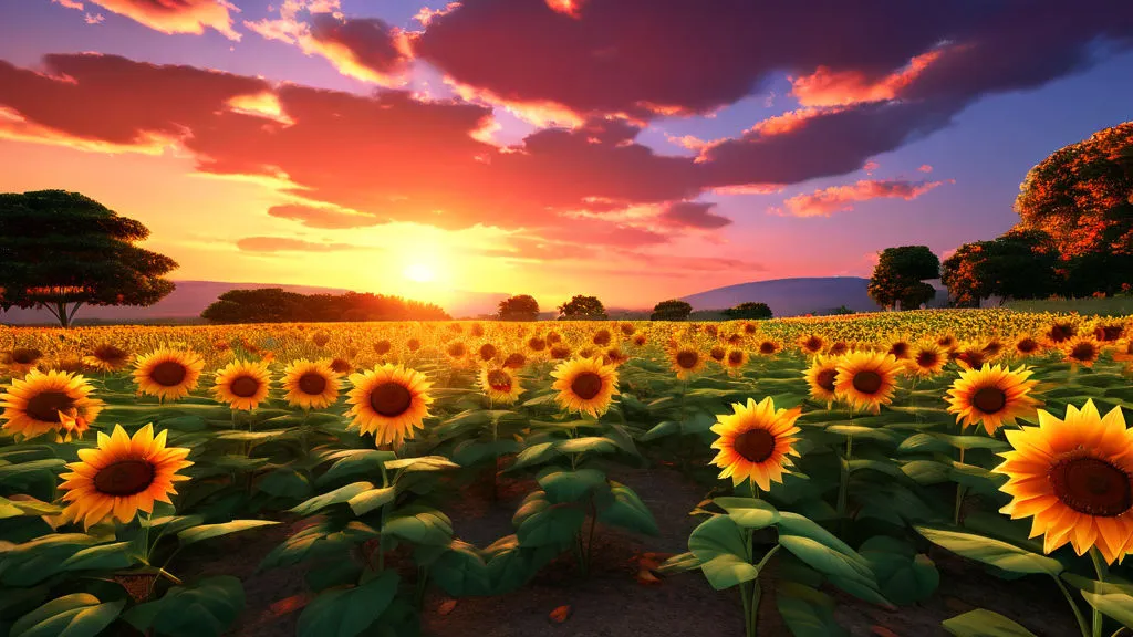 a field of sunflowers with a sunset in the background