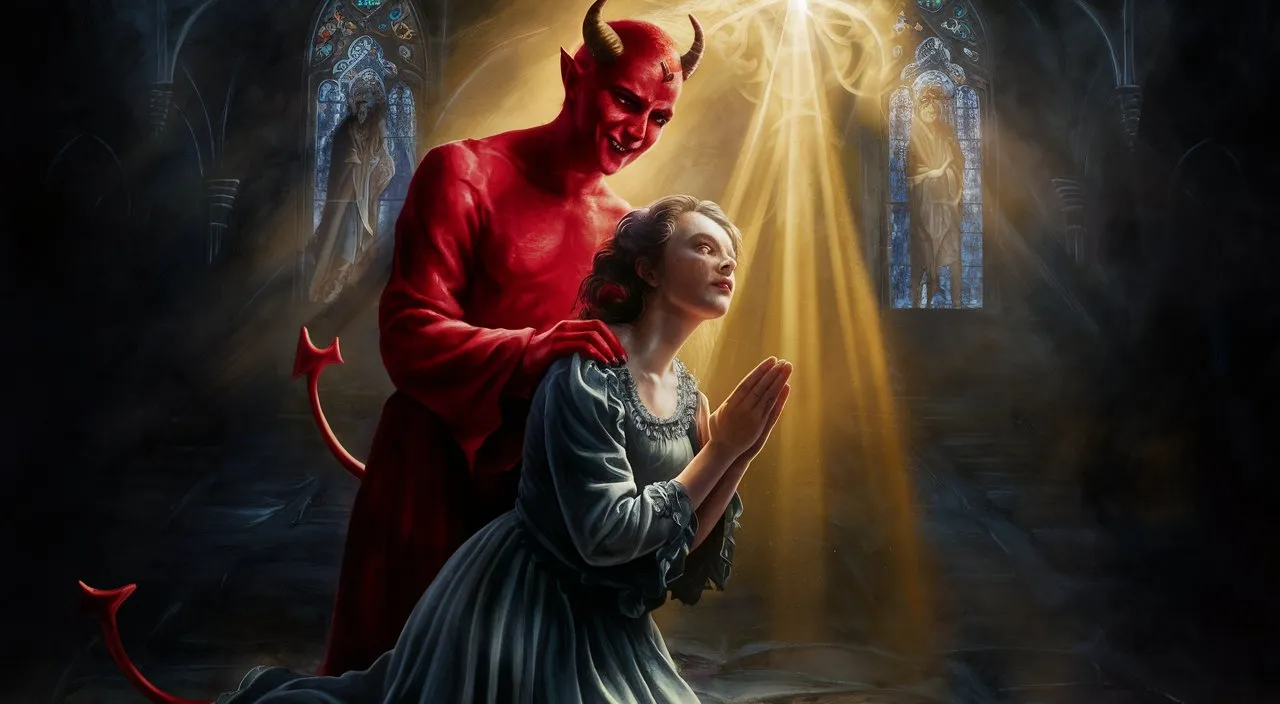 a painting of a devil standing next to a woman