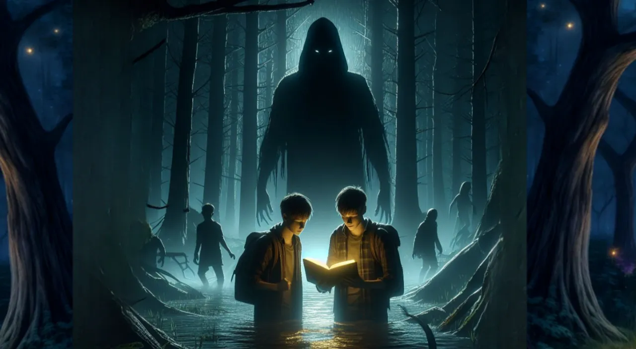 Two young men are stranded in a swamp in the dark night of a dense forest. There is a black shadow behind them and they have a glowing book in their hands from which they are reading. 3D animation