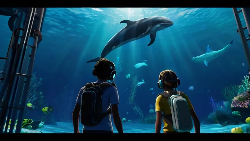 two children looking at a dolphin in an aquarium