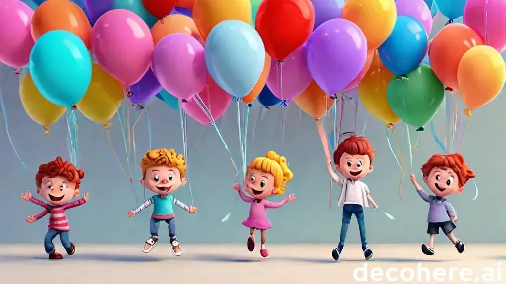 a group of children flying through the air surrounded by balloons