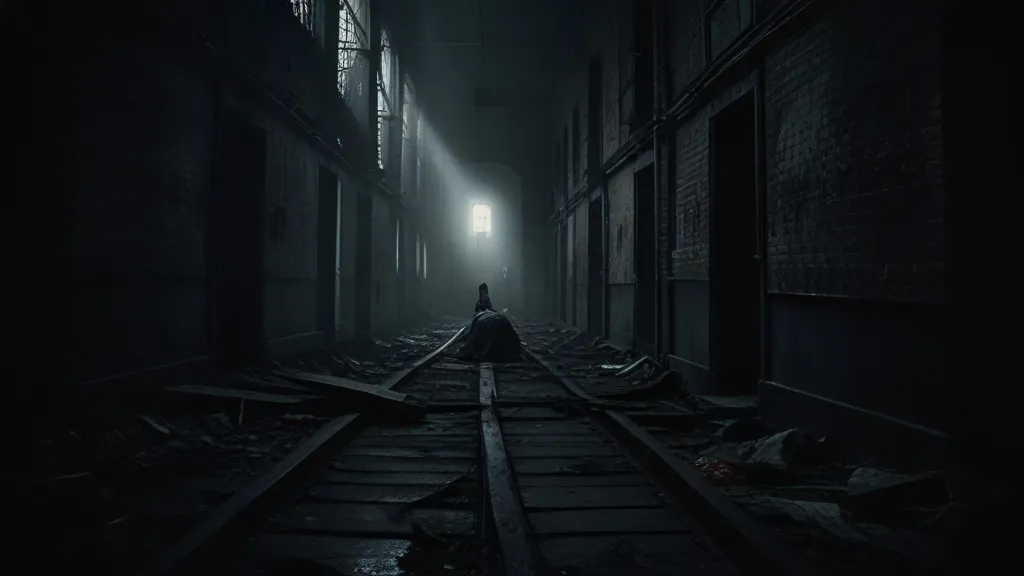 a person sitting on a train track in a dark alley