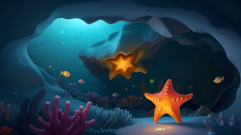 an underwater scene with a starfish exploring cave 