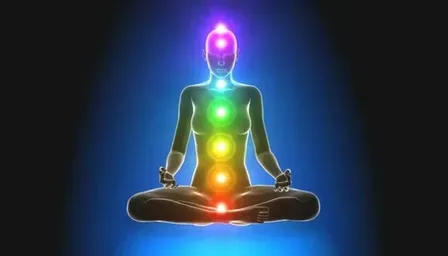 a person sitting in a lotus position with seven chakras