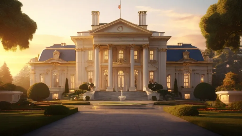 a large white building with a flag on top of it(a presidential mansion)