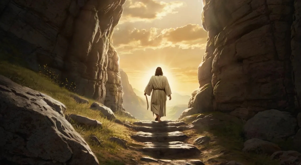 jesus walking down a path to the light of the world