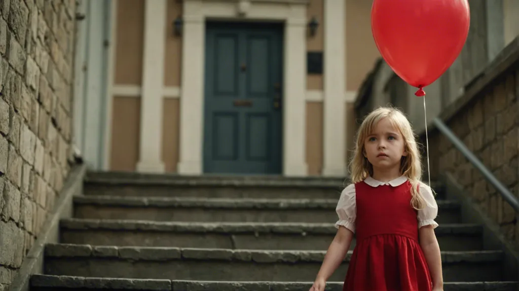 a little girl in a red dress walking downstairs holding a red balloon