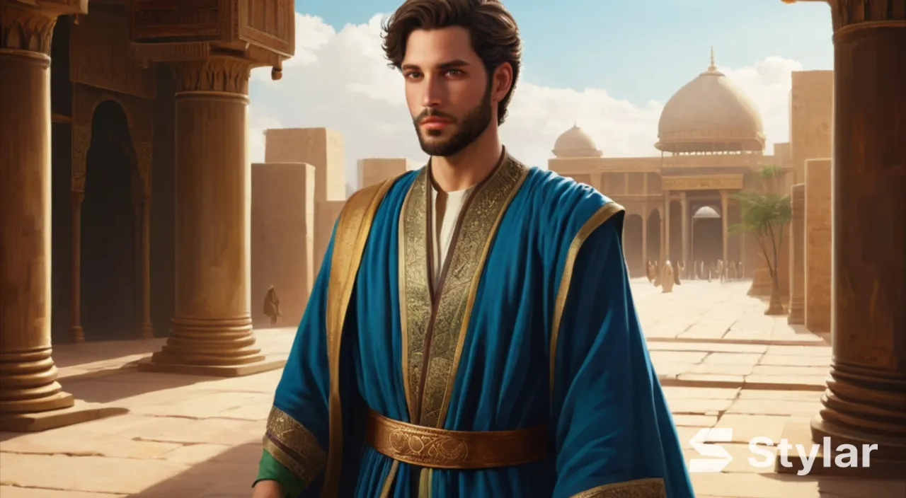 A young Babylonian man with a noble face, dressed in rich oriental clothes, strolls through the city of Babylon. The style is realism. High detail. A clear drawing of the face.