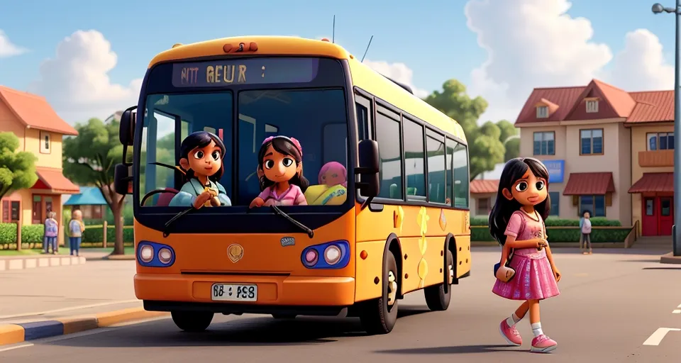 a girl and a boy are standing in front of a bus, walking and gossiping, smiling, looking so beautiful,  bus light are flashing, bus moving slowly, beautiful nature, sunshine day.