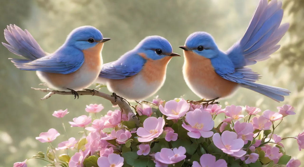 three birds sitting on a branch with pink flowers