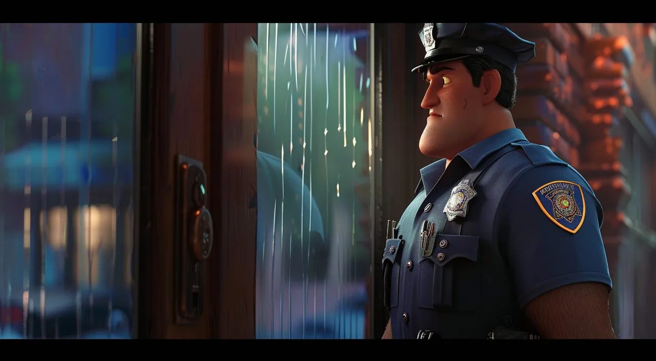 A police officer standing in a small, dimly lit office, looking out a rain-soaked window with a frustrated expression, the world outside blurred by rain